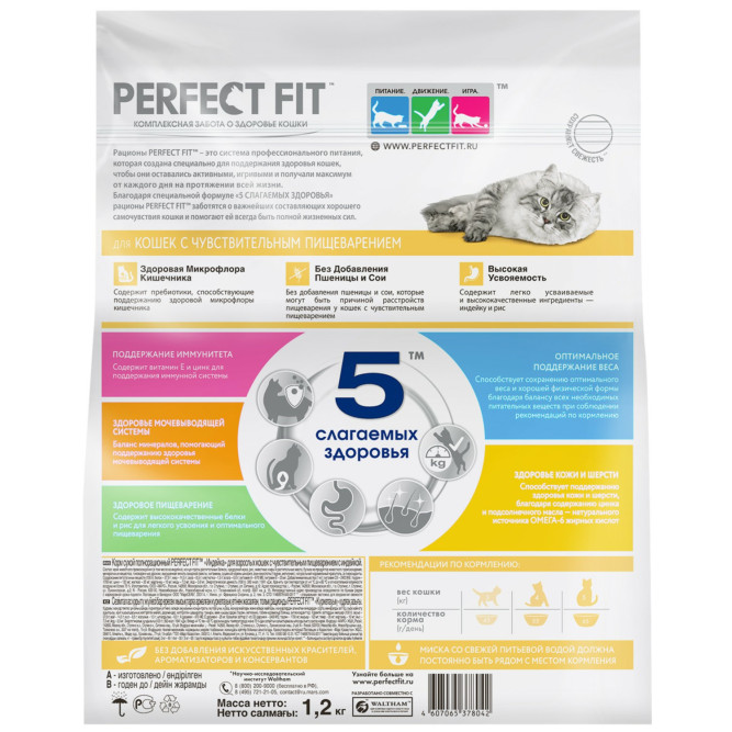 Perfect Fit Sensitive сухой корм для взрослых кошек с чувствительным пищеварением с индейкой - 1,2 кг