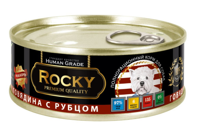 Rocky влажный корм для взрослых собак мясное ассорти с говядиной и рубцом, в консервах - 100 г х 24 шт