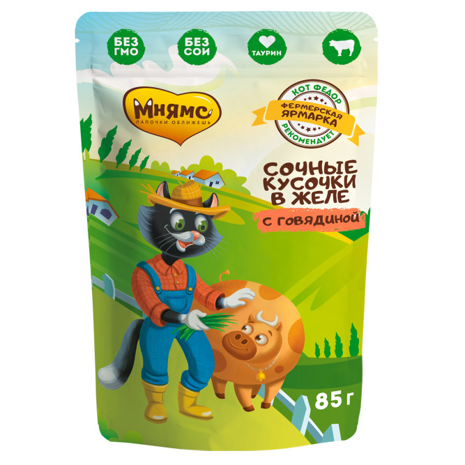 Мнямс Кот Федор "Фермерская ярмарка" влажный корм для взрослых кошек с говядиной, кусочки в желе, в паучах - 85 г х 12 шт (+12 шт В ПОДАРОК)