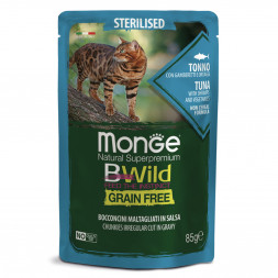 Monge Cat BWild Grain Free влажный беззерновой корм для стерилизованных кошек с тунцом, креветками и овощами в паучах 85 г (28 шт в уп)