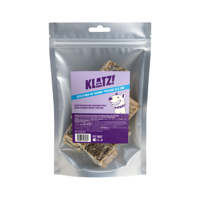 KLATZ! лакомство для взрослых собак всех пород "Кусочки кожи трески" 3х3 см - 100 г