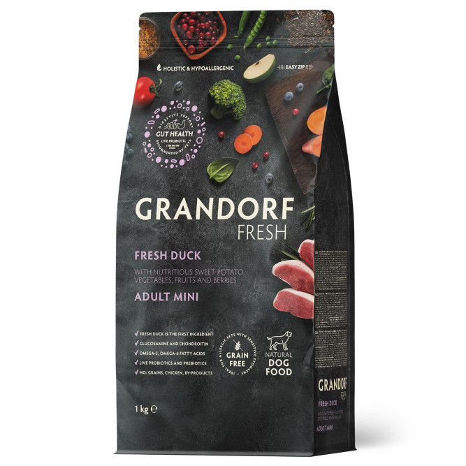 Grandorf Fresh Dog Adult Mini Duck&amp;Sweet Potato сухой беззерновой корм с живыми пробиотиками для взрослых собак мелких пород с уткой и бататом - 1 кг
