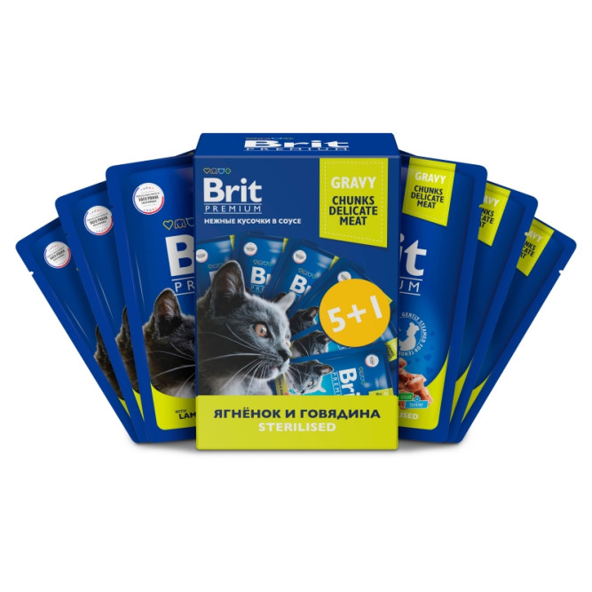 Брит Премиум набор паучей для взрослых стерилизованных кошек с ягненком и говядиной кусочки в соусе - 85 г х 5+1 шт