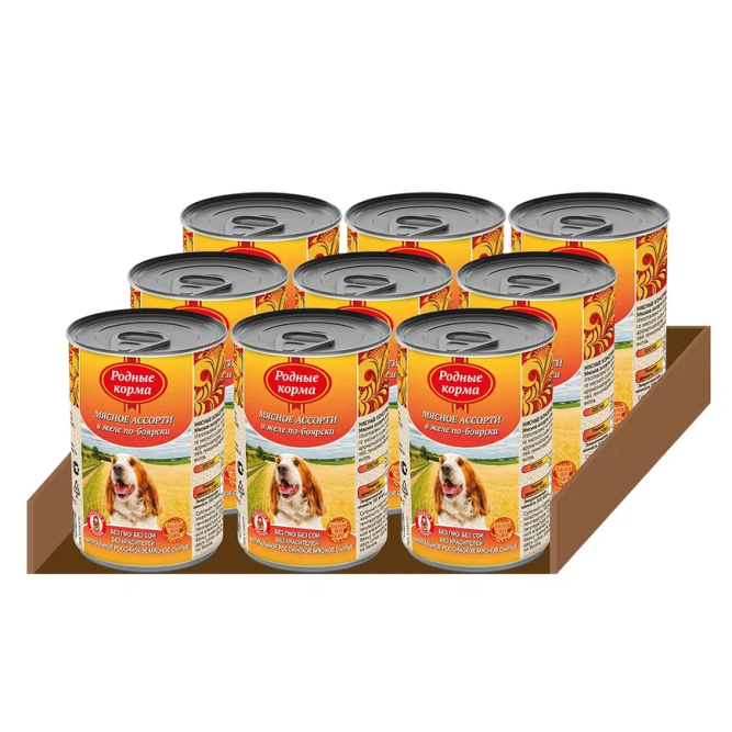 Консервы Родные Корма Мясное ассорти в желе по-боярски для собак - 410 г х 9 шт