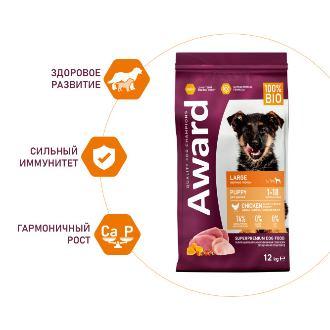 AWARD сухой корм для щенков крупных пород от 1 месяца, с курицей, индейкой, тыквой и шиповником - 12 кг