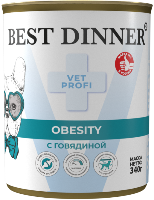 Best Dinner Vet Profi Obesity влажный диетический корм для снижения и контроля избыточной массы тела у взрослых собак, с говядиной, в консервах - 340 г х 12 шт
