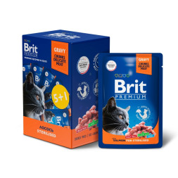 Brit Premium набор паучей для взрослых стерилизованных кошек с лососем кусочки в соусе - 85 г х 5+1 шт