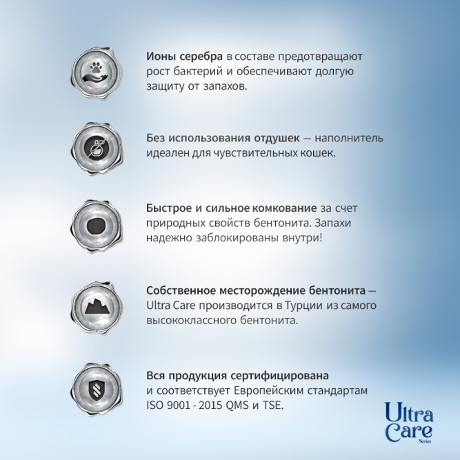 Ultra Care Silver Ions Sensitive гипоаллергенный комкующийся наполнитель для кошачьего туалета с ионами серебра