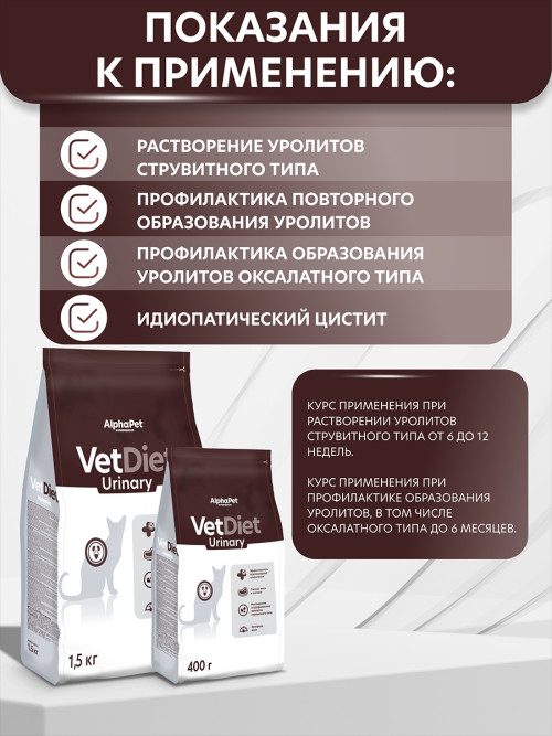 AlphaPet Vet Diet Urinary сухой диетический корм для взрослых кошек и котов при заболеваниях нижних отделов мочевыводящих путей - 400 г