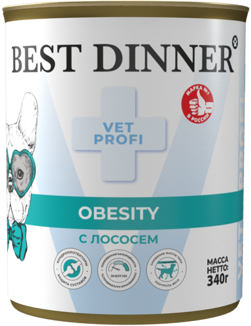 Best Dinner Vet Profi Obesity влажный диетический корм для снижения и контроля избыточной массы тела у взрослых собак, с лососем, в консервах - 340 г х 12 шт