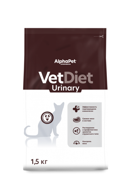 AlphaPet Vet Diet Urinary сухой диетический корм для взрослых кошек и котов при заболеваниях нижних отделов мочевыводящих путей - 1,5 кг