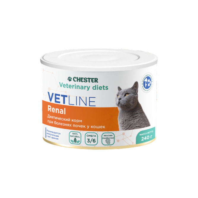 Chester Vetline Renal влажный диетический корм для взрослых кошек при заболеваниях почек, в консервах - 240 г х 6 шт