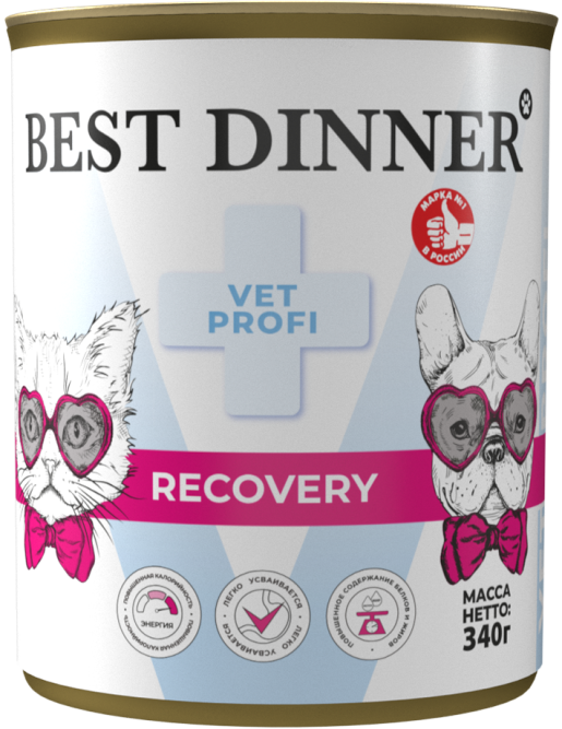 Best Dinner Vet Profi Recovery влажный диетический корм для взрослых кошек и собак при истощении, выздоровлении и послеоперационном восстановлении, в консервах - 340 г х 6 шт