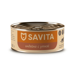 Savita полнорационный влажный корм для взрослых кошек и котят, индейка с уткой, в консервах - 100 г х 12 шт