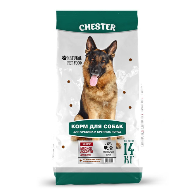 Chester Юниор сухой корм для щенков средних и крупных пород, мясное ассорти - 14 кг