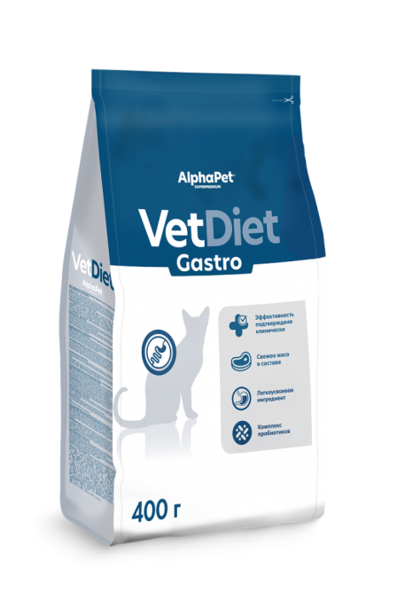 AlphaPet Vet Diet Gastro сухой диетический корм для взрослых кошек и котов при острых расстройствах пищеварения, в реабилитационный период и при истощении - 400 г