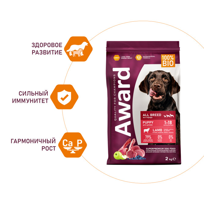 AWARD сухой корм для щенков всех пород от 1 месяца, беременных и кормящих сук, с ягненком, индейкой, яблоком и черникой - 2 кг