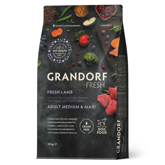Grandorf Fresh Dog Adult Med&amp;Maxi Lamb&amp;Sweet Potato сухой беззерновой корм с живыми пробиотиками для взрослых собак средних и крупных пород с ягненком и бататом - 10 кг
