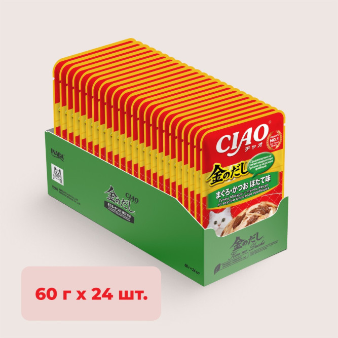 Inaba Ciao Kinnodashi влажный дополнительный корм для взрослых кошек, тунец Магуро и тунец Кацуо с гребешком, в паучах - 60 г х 24 шт