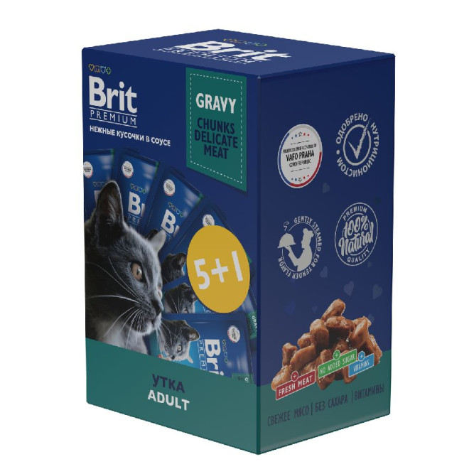 Брит Премиум набор паучей для взрослых кошек с уткой кусочки в соусе - 85 г х 5+1 шт