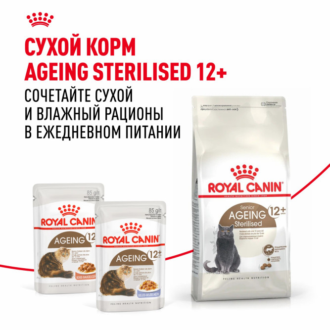 Royal Canin Agening 12+ влажный корм для стареющих кошек старше 12 лет, мелкие кусочки в соусе, в паучах - 85 г х 28 шт