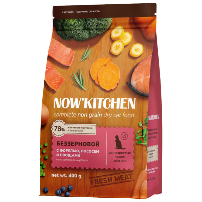 NOW' Kitchen сухой беззерновой корм для взрослых кошек, со свежей форелью, лососем и овощами - 400 г