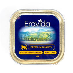 Eravida влажный корм для взрослых кошек кусочки в желе с говядиной и овощами, в ламистерах - 100 г х 16 шт