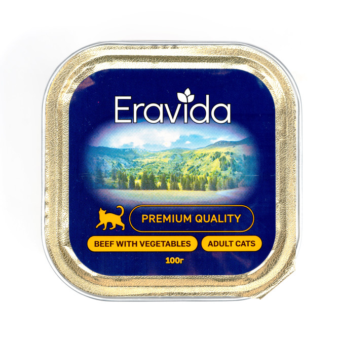 Eravida влажный корм для взрослых кошек кусочки в желе с говядиной и овощами, в ламистерах - 100 г х 16 шт
