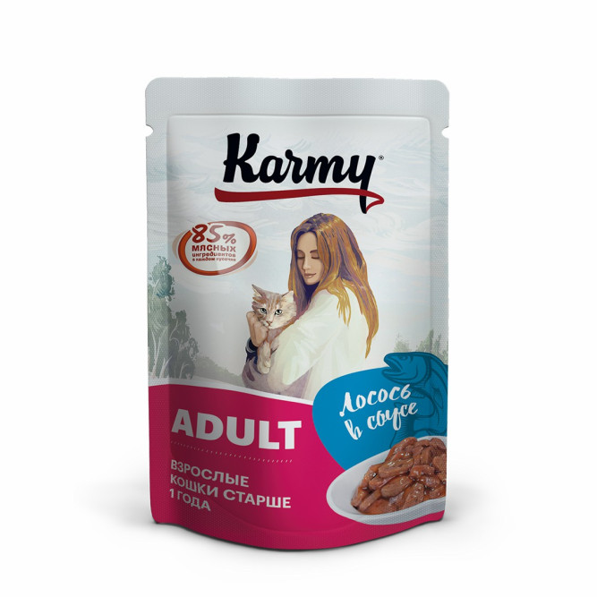 Karmy Adult влажный корм взрослых для кошек с лососем в соусе, в паучах - 80 г х 12 шт