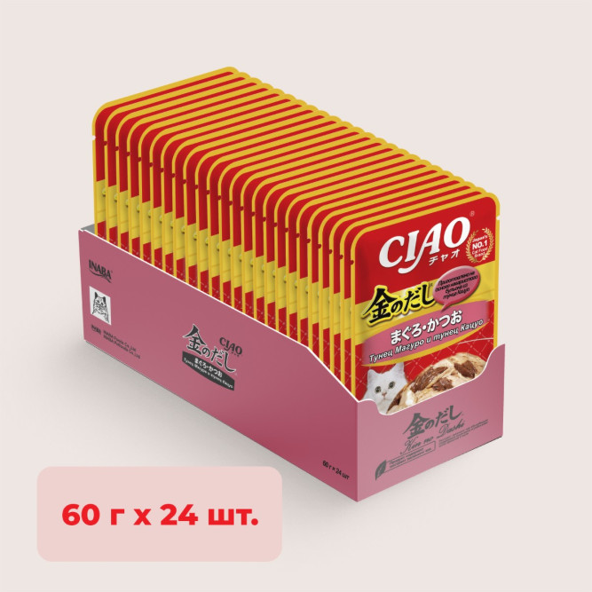 Inaba Ciao Kinnodashi влажный дополнительный корм для взрослых кошек, тунец Магуро и тунец Кацуо, в паучах - 60 г х 24 шт