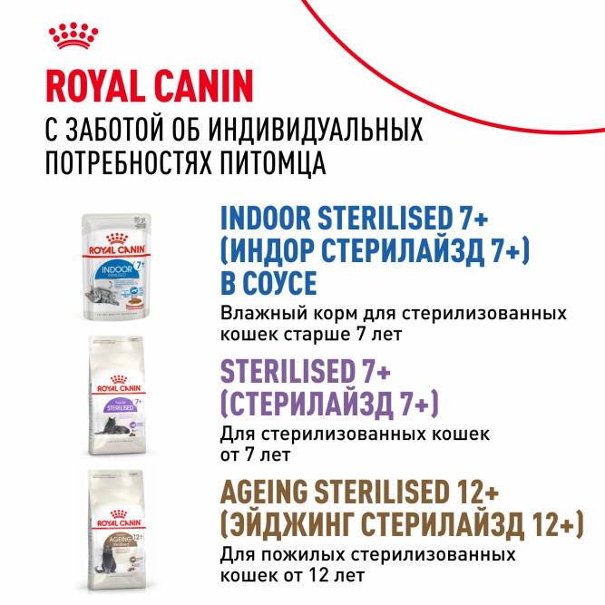 Royal Canin Indoor Sterilised 7+ влажный корм для стерилизованных кошек в возрасте от 7 до 12 лет, живущих в помещении, мелкие кусочки в желе, в паучах - 85 г х 28 шт