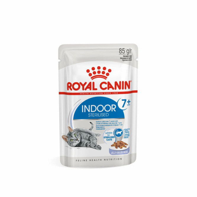 Royal Canin Indoor Sterilised 7+ влажный корм для стерилизованных кошек в возрасте от 7 до 12 лет, живущих в помещении, мелкие кусочки в желе, в паучах - 85 г х 28 шт