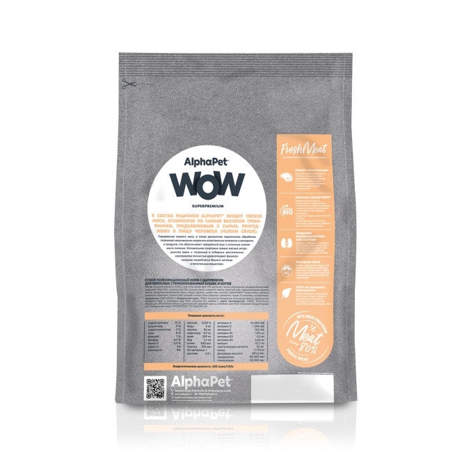 AlphaPet WOW Superpremium сухой полнорационный корм для взрослых стерилизованных кошек и котов c цыпленком - 350 г
