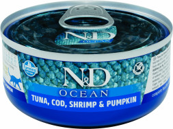 Farmina N&amp;D Cat Ocean Tuna, Cod, Shrimp &amp; Pumpkin влажный корм для взрослых кошек с тунцом, треской, креветками и тыквой - 70 г х 24 шт