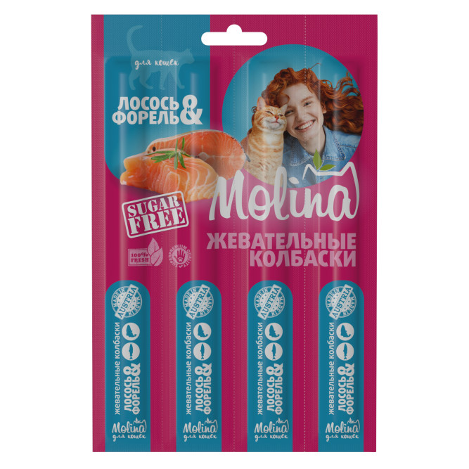 Molina Жевательные колбаски для кошек с лососем и форелью 20 г