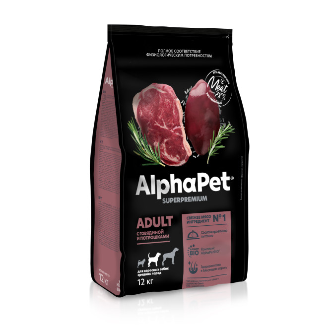 AlphaPet Superpremium полнорационный сухой корм для взрослых собак средних пород с говядиной и потрошками - 12 кг