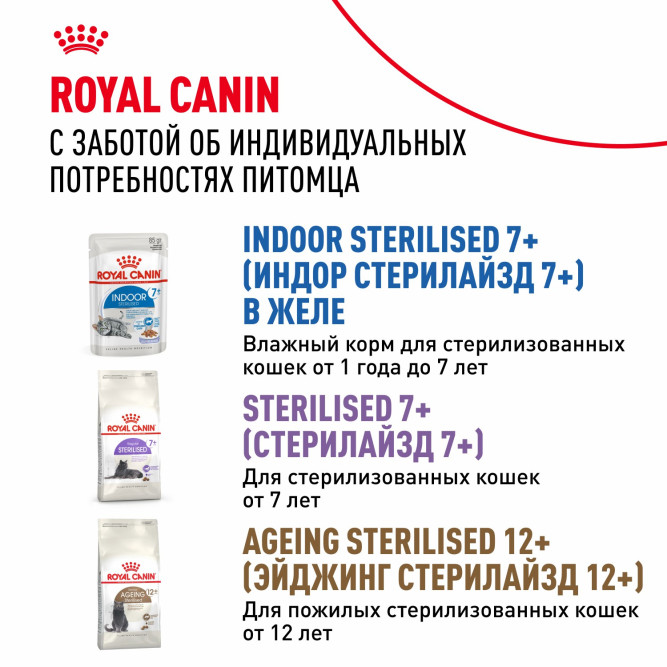 Royal Canin Indoor Sterilised 7+ влажный корм для стерилизованных кошек в возрасте от 7 до 12 лет, живущих в помещении, мелкие кусочки в соусе, в паучах - 85 г х 28 шт