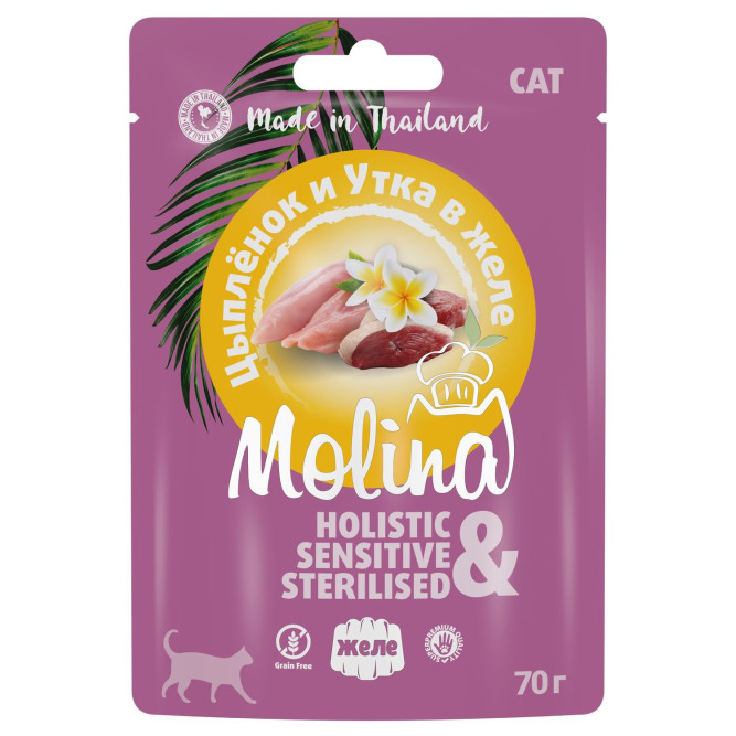 Molina паучи для кошек с  цыпленком и уткой, в желе - 70 г x 24 шт