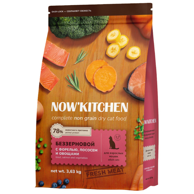 NOW' Kitchen сухой беззерновой корм для взрослых кошек, со свежей форелью, лососем и овощами - 3,63 кг