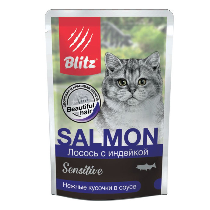 Blitz Sensitive набор паучей для взрослых кошек с ассорти вкусов, кусочки в соусе и желе - 85 г х 5+1 шт