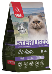 Blitz Holistic Sterilised Lamb and Fish полнорационный сухой корм для стерилизованных кошек со свежим ягненком, индейкой и рыбой - 400 г