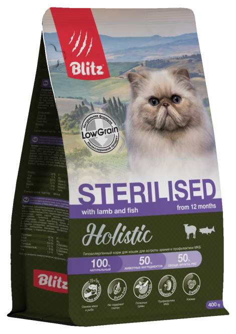Blitz Holistic Sterilised Lamb and Fish полнорационный сухой корм для стерилизованных кошек со свежим ягненком, индейкой и рыбой - 400 г