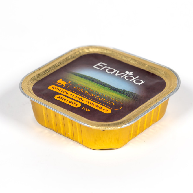 Eravida влажный корм для взрослых кошек кусочки в желе с телятиной, ягненком и овощами, в ламистерах - 100 г х 16 шт