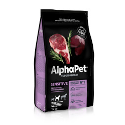 AlphaPet Superpremium полнорационный сухой корм для взрослых собак средних пород с чувствительным пищеварением, с бараниной и потрошками - 12 кг