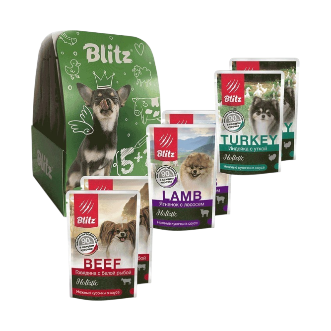 Blitz Holistic набор паучей для взрослых собак мелких пород с ассорти вкусов, кусочки в соусе - 85 г х 5+1 шт