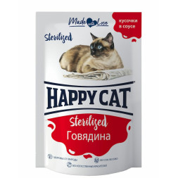 Happy Cat паучи для взрослых стерилизованных кошек и кастрированных котов, с говядиной, кусочки в соусе - 85 г х 24 шт