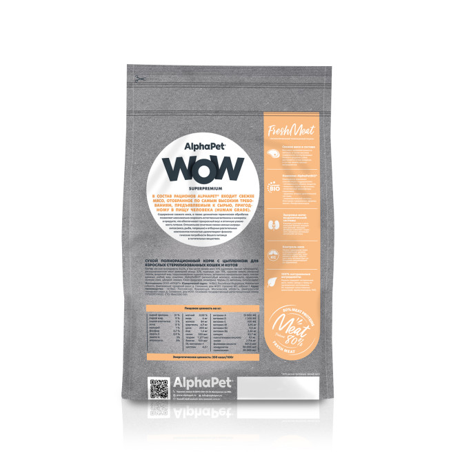 AlphaPet WOW Superpremium сухой полнорационный корм для взрослых стерилизованных кошек и котов c цыпленком - 1,5 кг
