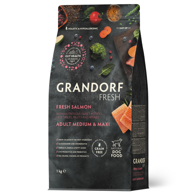 Grandorf Fresh Dog Adult Med&amp;Maxi Salmon&amp;Sweet Potato сухой беззерновой корм с живыми пробиотиками для взрослых собак средних и крупных пород с филе лосося и бататом - 1 кг