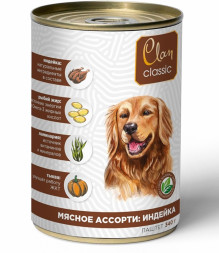 Clan Classic влажный корм для взрослых собак паштет Мясное ассорти с индейкой, в консервах - 340 г х 9 шт