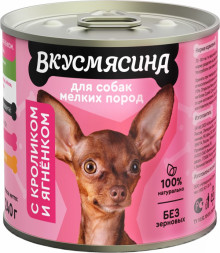 ВКУСМЯСИНА влажный корм для взрослых собак мелких пород с кроликом и ягненком, в консервах - 240 г х 12 шт